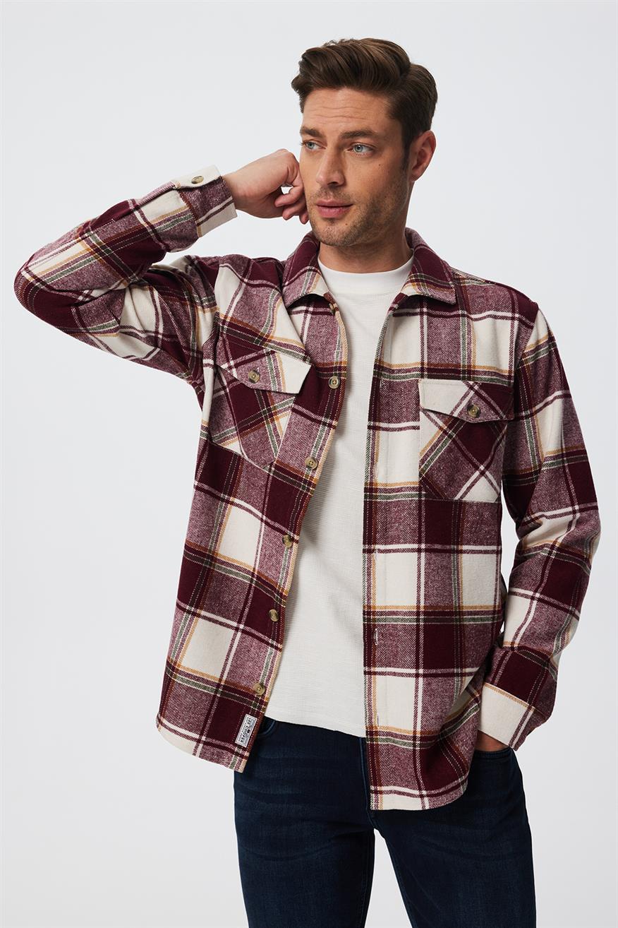 Wılf Erkek Dokuma U.Kol Gömlek Bordo-Beyaz Ekose 