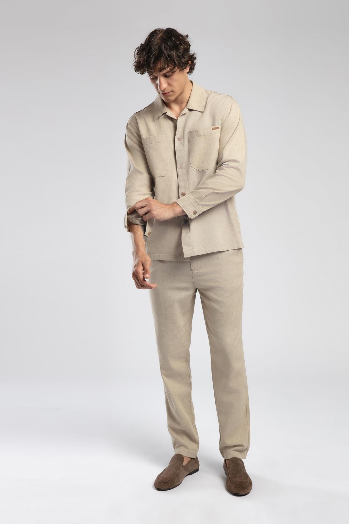 Zarse Orta Bel Konik Kesim Daralan Paça Bej Erkek Pantolon