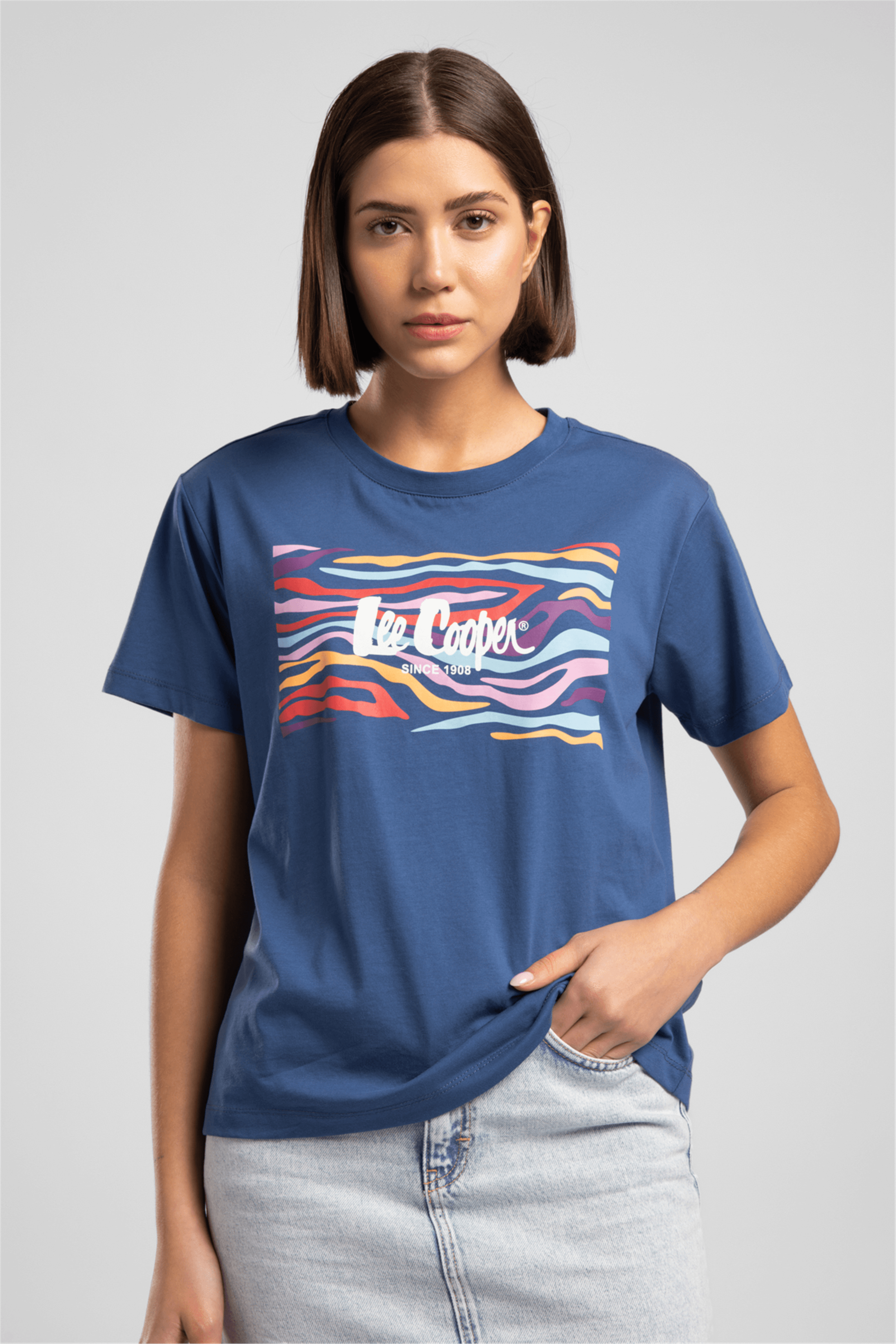 Lee Cooper Zebrars Kadın Basic Baskılı Bisiklet Yaka T-Shirt Mavi