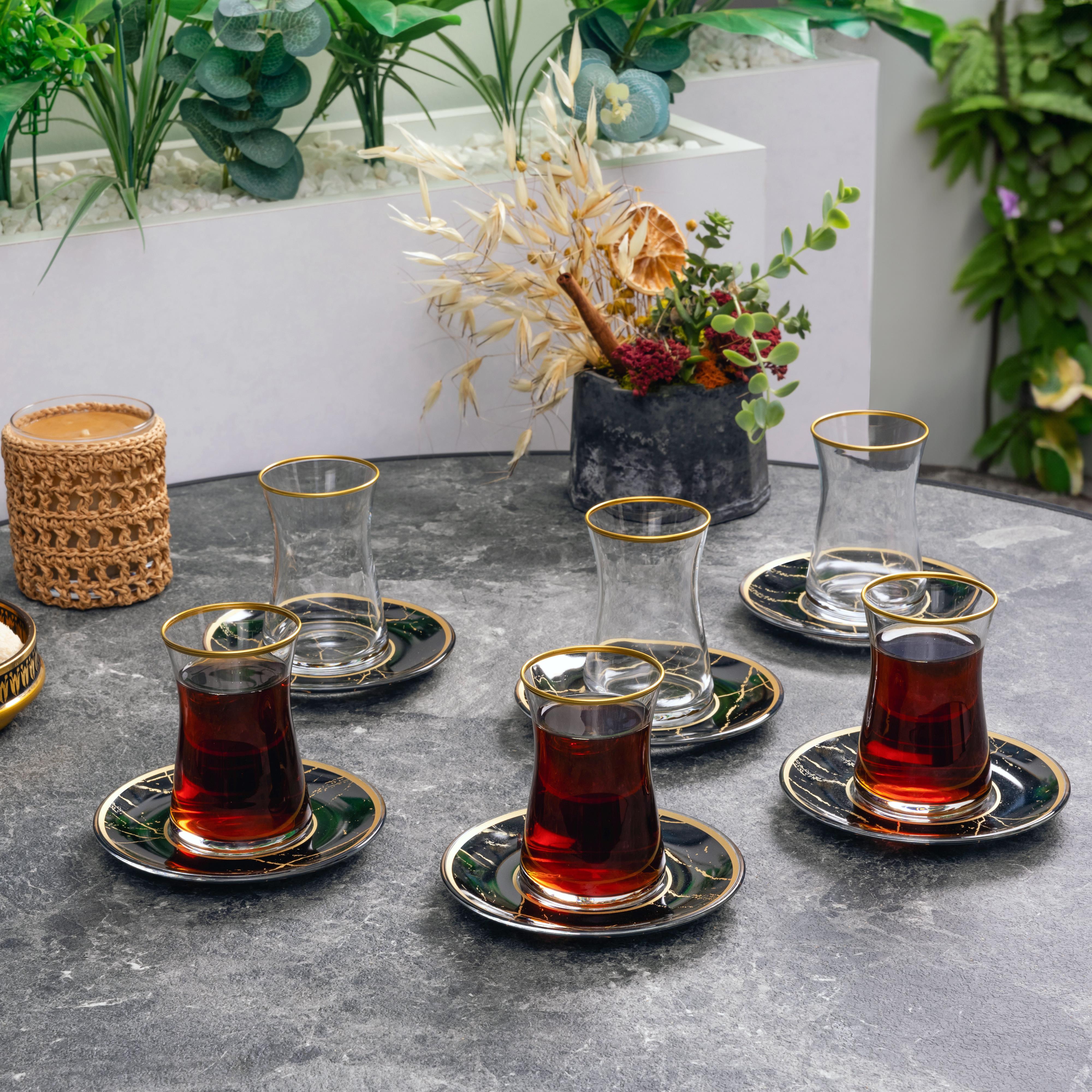Siyah Mermer Esintili Cam 12 Parça Çay Takımı Seti