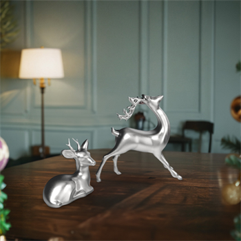 Dekoratif Gümüş Renk 2li Geyik Biblo Seti