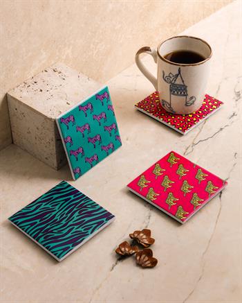 Leopar ve Zebra Ahşap Kutulu 4lü Seramik Bardak Altlığı