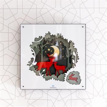 Geyik ve Ağaç Figürlü Ahşap Katmanlı Pano