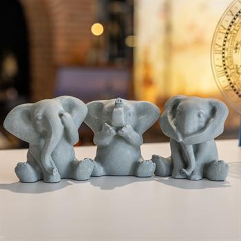 3’lü Görmedim-Duymadım-Bilmiyorum  Mermerit Fil Biblo - Gri