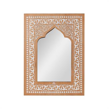 Kubbe Hatlı Çiçek Desen Kazımalı Masif Ahşap Duvar Aynası