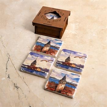 Galata Kulesi ve Kız Kulesi Özel Ahşap Kutulu 4lü Traverten Bardak Altlığı