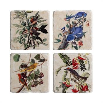 Ötücü Kuşlar Doğal Taş Traverten Ahşap Kutulu 4lü Bardak Altlığı