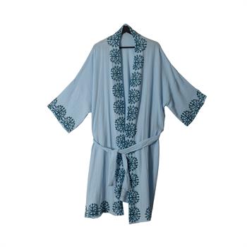 Pamuklu Müslin Kumaş Ahşap Baskılı Mercan Desenli Bornoz