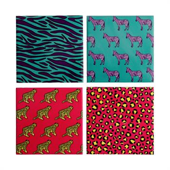 Leopar ve Zebra Ahşap Kutulu 4lü Seramik Bardak Altlığı