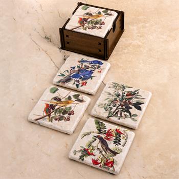 Ötücü Kuşlar Doğal Taş Traverten Ahşap Kutulu 4lü Bardak Altlığı