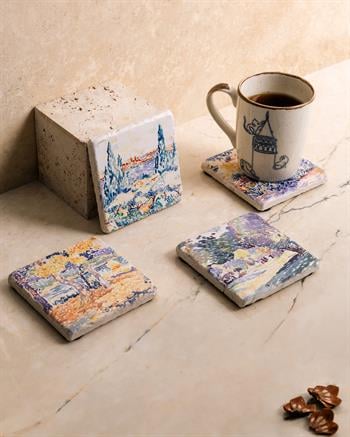 Suluboya Manzara Cross Doğal Taş Traverten Ahşap Kutulu 4lü Bardak Altlığı