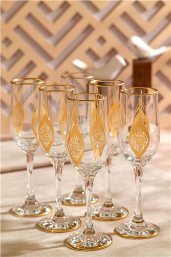Yaprak Desenli Cam Şampanya Bardağı 6lı Set