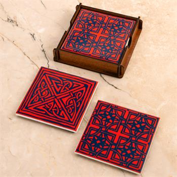 Etnik Desenler Seramik Ahşap Kutulu 2li Bardak Altlığı