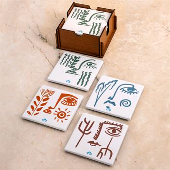 Element Kadınlar Seramik Ahşap Kutulu 4lü Bardak Altlığı