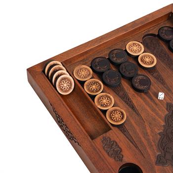 2 Numaralı Ay ve Güneş Desenli Ahşap Tavla Pulu ve 2li Zar Takımı