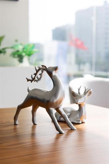 Dekoratif Gümüş Renk 2li Geyik Biblo Seti