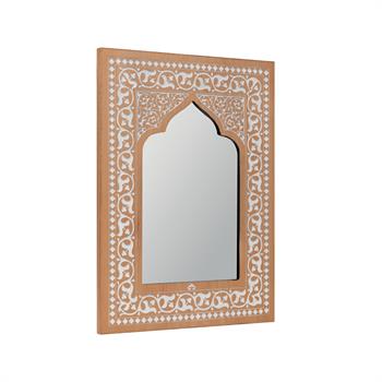 Kubbe Hatlı Çiçek Desen Kazımalı Masif Ahşap Duvar Aynası
