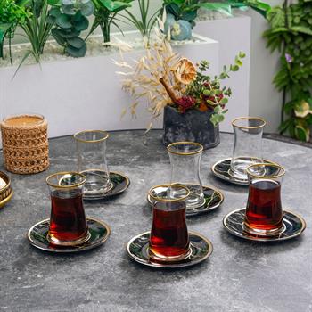 Siyah Mermer Esintili Cam 12 Parça Çay Takımı Seti