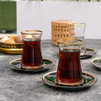 Siyah Mermer Esintili Cam 12 Parça Çay Takımı Seti