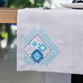 Mavi Pıtrak Nakışlı Kumaş Runner