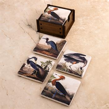 Kuşlar Doğaltaş Traverten Ahşap Kutulu 4lü Bardak Altlığı