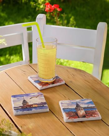Galata Kulesi ve Kız Kulesi Özel Ahşap Kutulu 4lü Traverten Bardak Altlığı