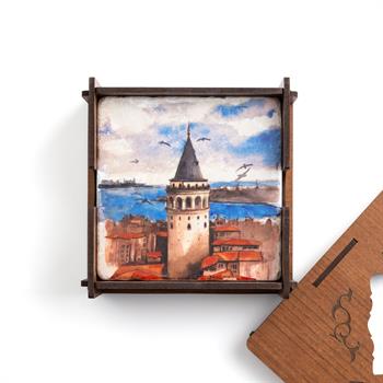 Galata Kulesi ve Kız Kulesi Özel Ahşap Kutulu 4lü Traverten Bardak Altlığı