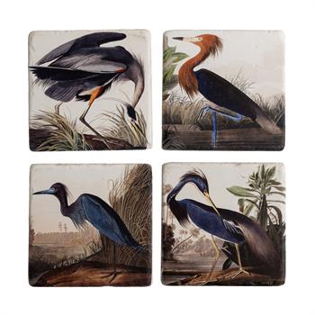 Kuşlar Doğaltaş Traverten Ahşap Kutulu 4lü Bardak Altlığı