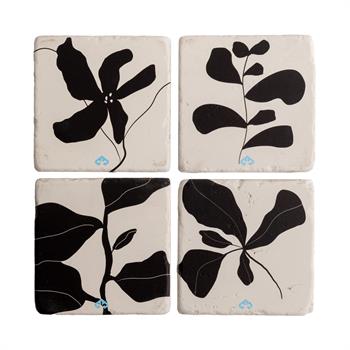 Süzülen Çiçekler Doğaltaş Traverten  Ahşap Kutulu 4lü Bardak Altlığı