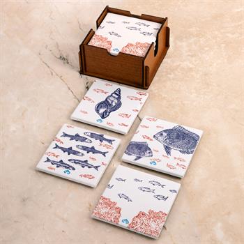 Balıklar ve Mercan Seramik Ahşap Kutulu 4lü Bardak Altlığı