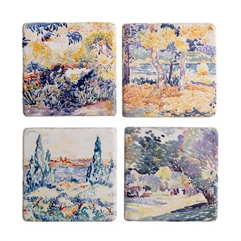 Suluboya Manzara Cross Doğal Taş Traverten Ahşap Kutulu 4lü Bardak Altlığı