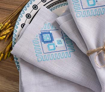 Mavi Pıtrak Nakışlı Kumaş Peçete 6lı Set