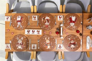 Tavşan Desenli 6 Kişilik Ahşap Supla Seti