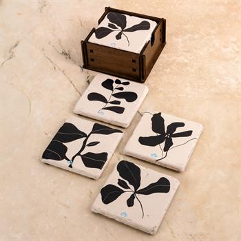 Süzülen Çiçekler Doğaltaş Traverten  Ahşap Kutulu 4lü Bardak Altlığı