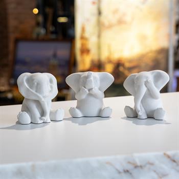 3’lü Görmedim-Duymadım-Bilmiyorum  Mermerit Fil Biblo - Beyaz