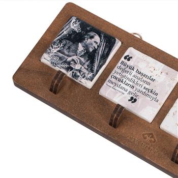 Atatürk 29 Ekim Ahşap Kutulu 4lü Traverten Dekoratif Askılık