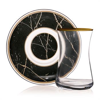 Siyah Mermer Esintili Cam 12 Parça Çay Takımı Seti