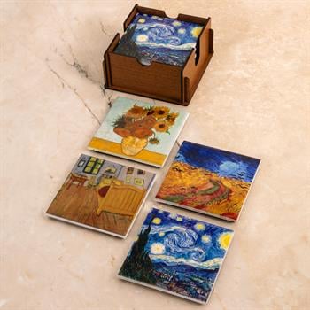 Van Gogh Seramik Ahşap Kutulu 4lü Bardak Altlığı
