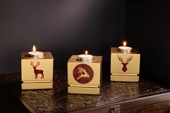 Geyik Figürlü Dekoratif 3lü Gold Tealight Mumluk
