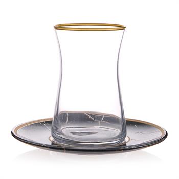 Siyah Mermer Esintili Cam 12 Parça Çay Takımı Seti