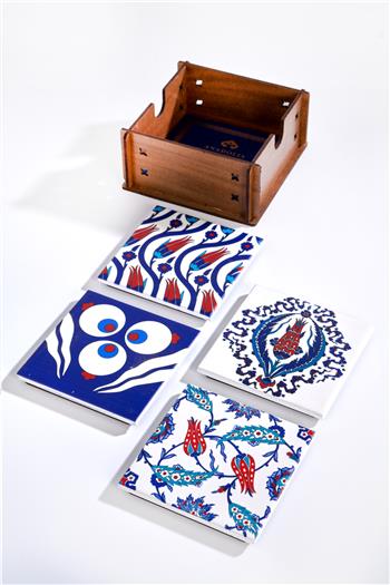 Çini Serisi Özel Ahşap Kutulu 4lü Seramik Bardak Altlığı