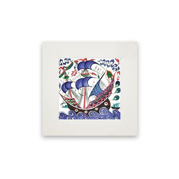 Çini Serisi Kalyon 4 Beyaz Çerçeveli Seramik Tablo Pano