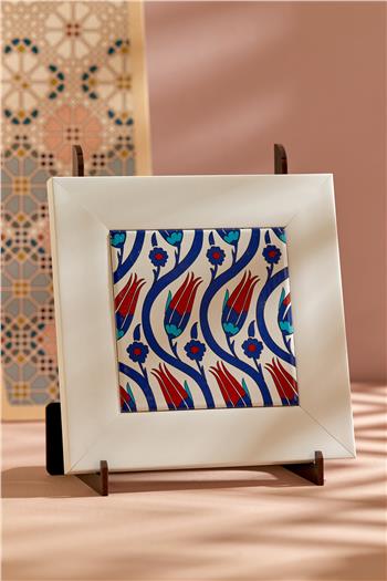 Çini Serisi Lale Beyaz Çerçeveli Seramik Tablo Pano