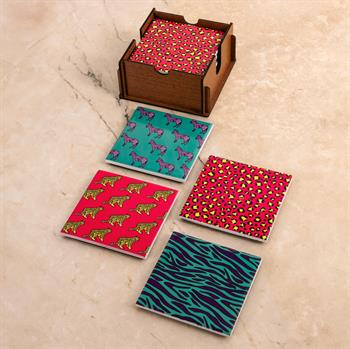 Leopar ve Zebra Ahşap Kutulu 4lü Seramik Bardak Altlığı