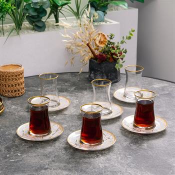 Beyaz Mermer Esintili Cam 12 Parça Çay Takımı Seti