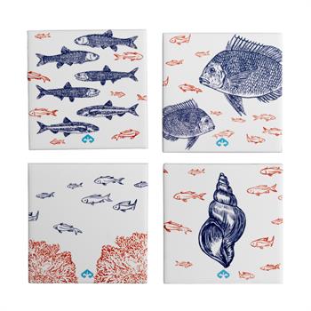 Balıklar ve Mercan Seramik Ahşap Kutulu 4lü Bardak Altlığı