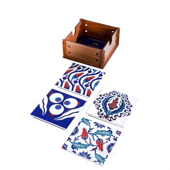 Çini Serisi Özel Ahşap Kutulu 4lü Seramik Bardak Altlığı