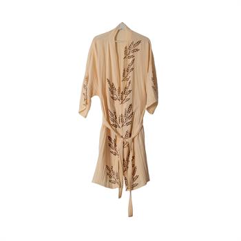 Pamuklu Müslin Kumaş Ahşap Baskılı Başak Desenli Bornoz