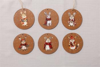 Tavşan Desenli Ahşap 6lı Ağaç Süsü