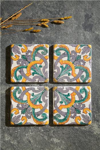 Galata Floral Desen Özel Ahşap Kutulu 4lü Traverten Bardak Altlığı